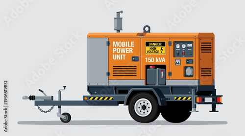 Orange mobile power generator unit on trailer, 150 kva capacity