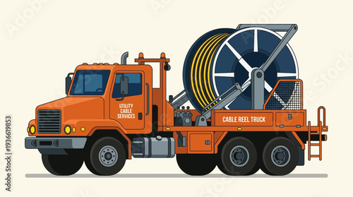 Orange utility truck with large cable spool for telecom or power line work
