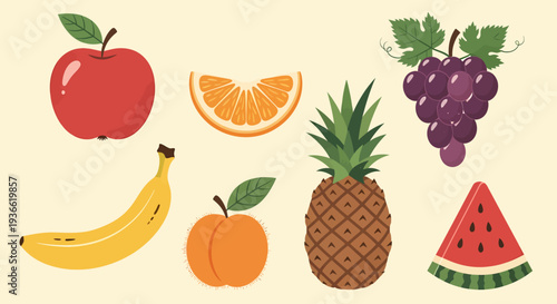 Colorful illustration of fresh fruits including apple, banana, orange, and peach