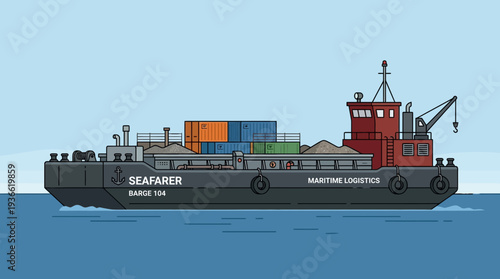 Pixel art barge carrying containers and cargo on the sea