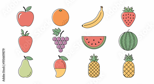 Colorful Cartoon Fruits Illustration with Apples, Pears, Oranges, and Grapes