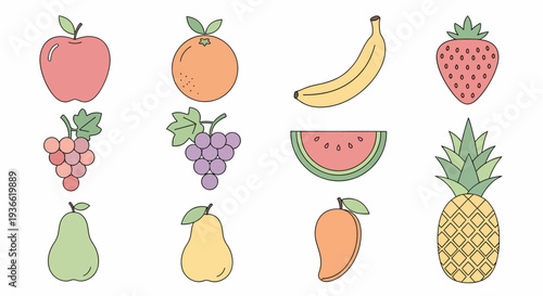 Colorful Cartoon Fruits Illustration with Apples, Oranges, Grapes, and Pears