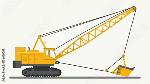 Yellow dragline excavator with bucket on white background, construction equipment