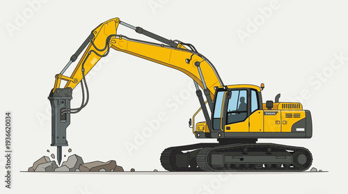 Yellow excavator with hydraulic breaker attachment demolishing concrete.
