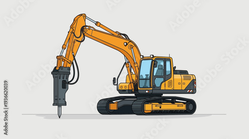 Yellow excavator with hydraulic breaker attachment on light grey background