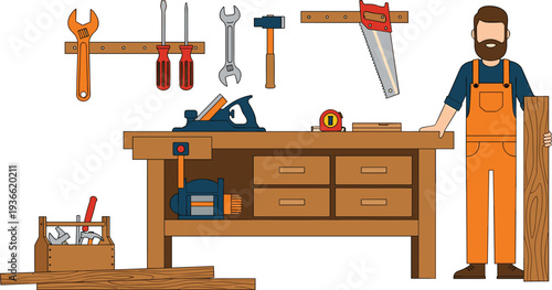 Carpenter workshop with woodworking tools workbench and craftsman holding wooden plank flat vector illustration