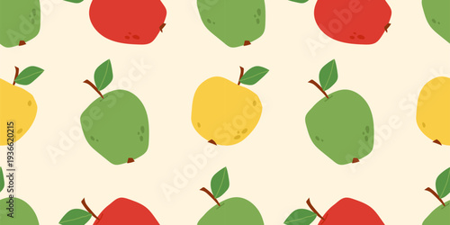 Seamless pattern with red, green and yellow apples. Cute fruit illustration for kitchen decor, food packaging, textiles and seasonal harvest designs