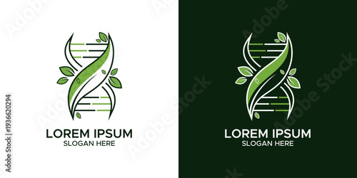Stylish DNA helix logo design with flowing green leaves, symbolizing natural science, organic research, and sustainable health solutions for modern biotech companies