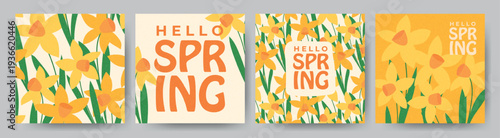 Spring flowers. Yellow spring daffodil flowers card set. Bright colorful botanical background. Womens day, 8 March, mother's day poster set.