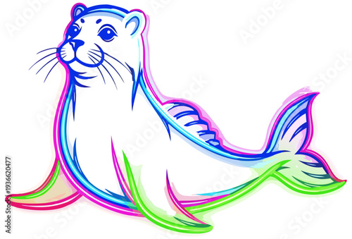 Neon Seal Vector Illustration Glowing Marine Animal with Colorful Gradient Light Outline