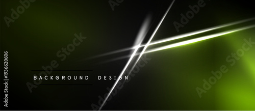 Abstract background features bright lines, gradients. Dark shades contrast vibrant green hues. Modern design element.