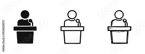 Public speaker at podium icon set. Presentation, conference, and lecture symbol.