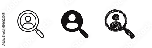 User search icon set with magnifying glass and person in outline, solid, and hand-drawn styles