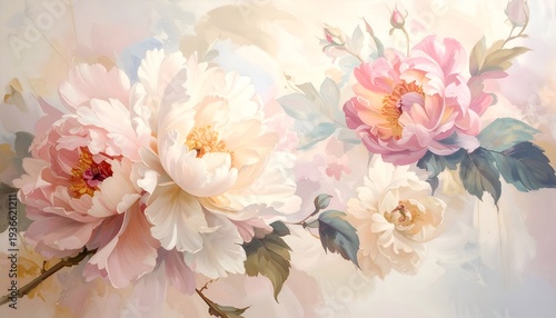 Firefly Abstract Luxurious Romantic Floral Background with Pink and White Peonies