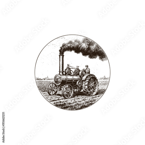 Vintage engraving style illustration of a classic steam tractor engine working in a farm field, enclosed in a circular frame