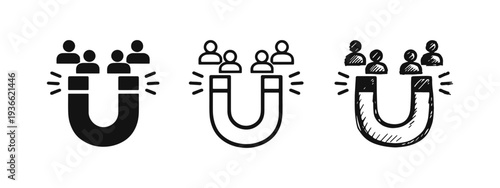 Customer attraction or lead generation magnet icon set, illustrating a magnet pulling people.