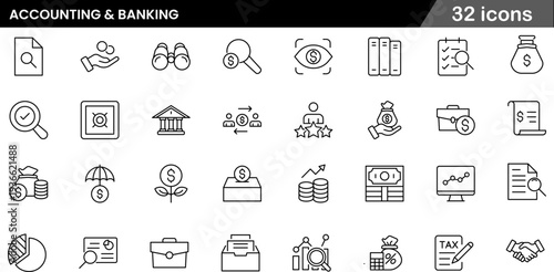 Accounting and Banking Thin Line Icons Set Financial Oversight, Audit Tools, Asset Management, Banking Infrastructure and Fiscal Transparency Symbols for Finance