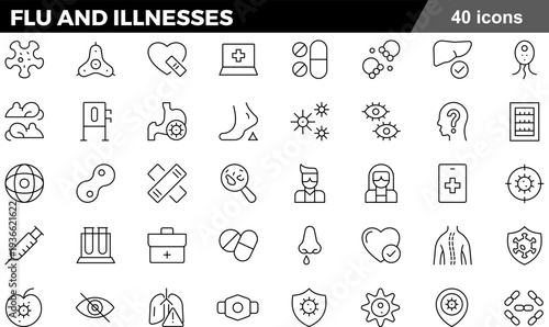 Flu and Illnesses Thin Line Icons Set Medical Symptoms, Virus Protection, Healthcare Treatment, Pathology Symbols and Clinical Diagnostics for Health