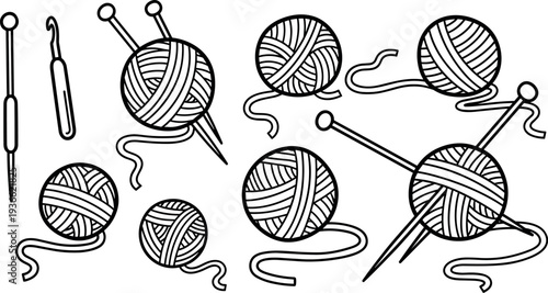Hand Drawn Knitting Yarn Ball Vector Illustration Set, Cartoon Wool Needle Craft Clipart, Doodle Crochet Hobby Outline Design Bundle