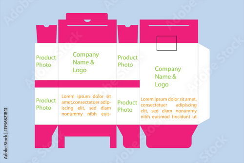 Vector product packaging box die-cut template with vibrant hot pink accents, featuring professional layout sections for retail branding, product photography, and promotional marketing text.