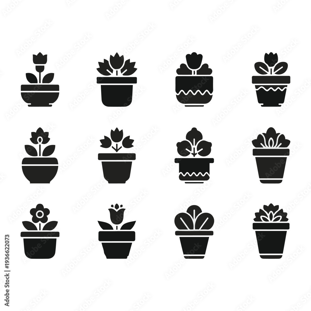 Obraz premium Black silhouettes of potted plants icons.