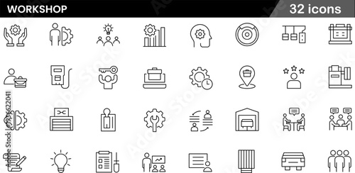 Workshop Thin Line Icons Set Collaborative Learning, Skill Mastery, Technical Training, Operational Management and Professional Development Symbols for Industry