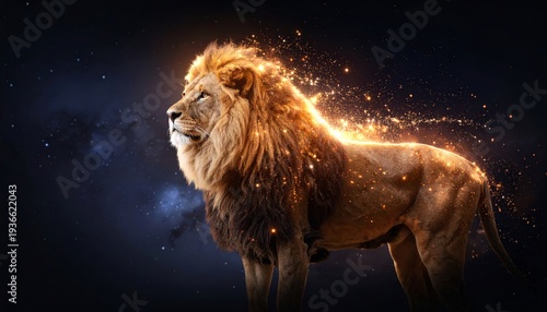 Celestial Lion King with Fiery Mane of Embers Against a Starry Cosmos