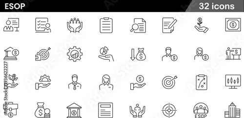 ESOP Thin Line Icons Set Employee Stock Ownership, Equity Compensation, Retirement Planning, Wealth Sharing and Corporate Governance Symbols for Business