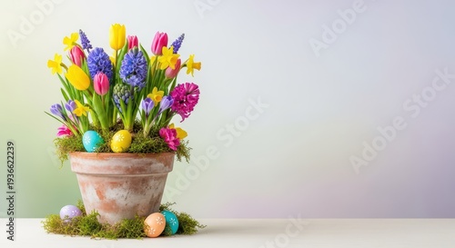 Vibrant spring flowers erupt from a rustic flowerpot decorated with pastel easter eggs and lush green moss, celebrating the holiday season, holiday, season, bloom