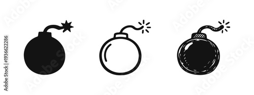 Set of bomb icons with burning fuse in glyph, outline, and doodle styles. Danger or explosion concept.