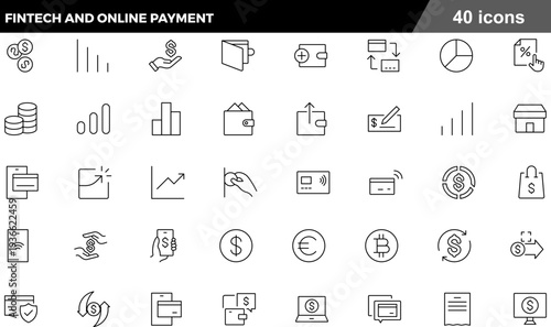 Fintech and Online Payment Thin Line Icons Set Digital Banking, Currency Exchange, Contactless Transactions, Financial Data and Mobile Wallet Symbols for Modern Commerce
