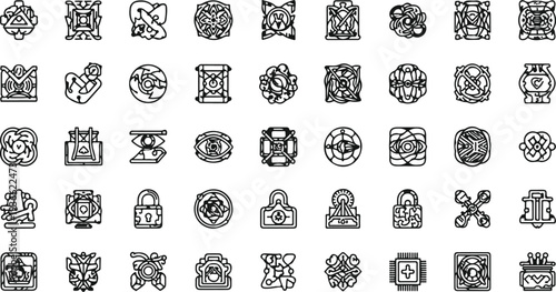 Set of complex digital encryption symbols and tech ornamental graphics.