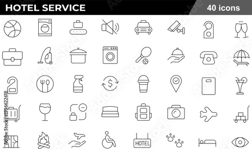 Hotel Service Thin Line Icons Set Hospitality Amenities, Travel Accommodations, Guest Services, Dining and Leisure Symbols for Tourism and Lodging