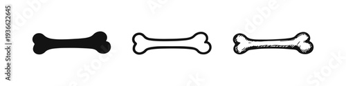 Set of bone icons in glyph, outline, and doodle styles. Dog treat or skeletal element symbol.
