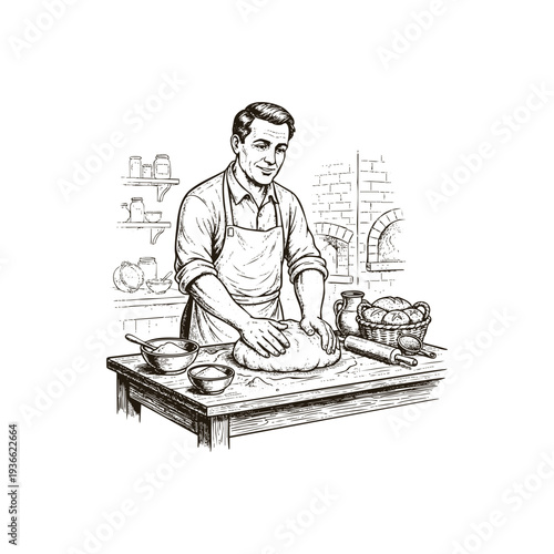 Professional baker kneading fresh dough on a wooden table in a traditional bakery vintage engraving style