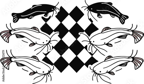 A collection of stylized catfish illustrations arranged on a transparent background with a checkered pattern. The fish are depicted in various positions, including swimming, arching, and facing differ