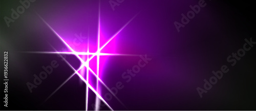 Bright purple light streaks radiate from central point against dark background. Dramatic effect creates modern visual.