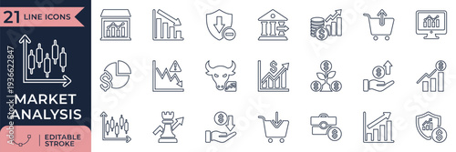 Financial investment and trading analytics line icon set for market strategy
