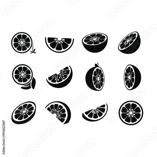 Black and white citrus fruit icons.