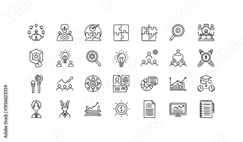 Minimal problem solving thin line icon set with creativity and innovation concepts
