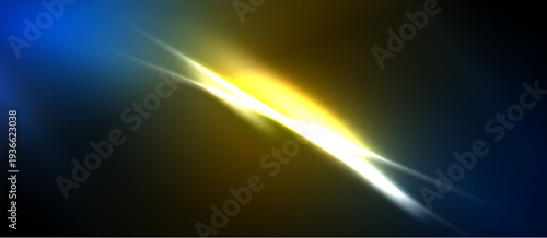 Bright energy streaks across dark background. Blue, yellow, white hues blend, creating dynamic visual effect. Intense light radiates.
