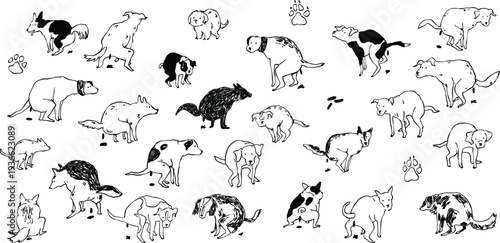 Funny Pooping Dogs Clipart Set in Hand Sketched Doodle Tattoo Style
