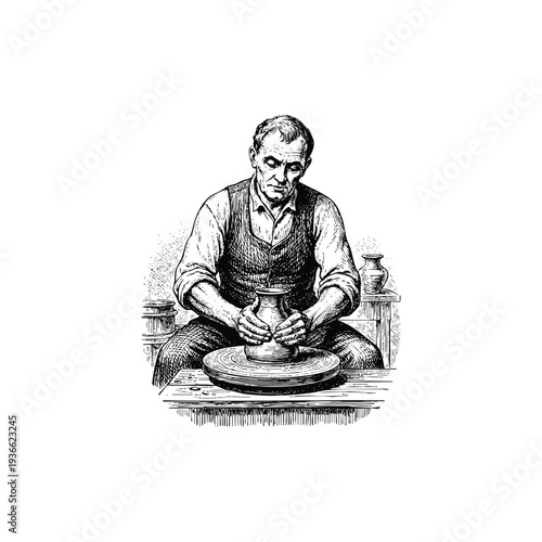 Vintage engraving illustration of a male potter working on a pottery wheel creating a ceramic vase in a traditional workshop studio