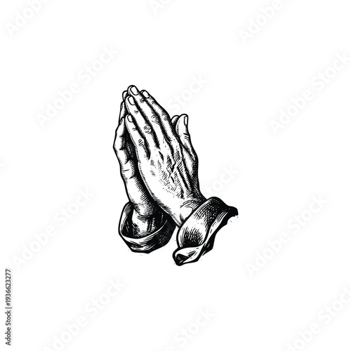 Vintage engraving illustration of praying hands folded together in a gesture of faith, prayer, and spirituality isolated