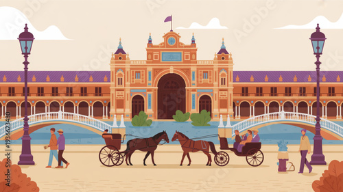 Vibrant city square with horse drawn carriages and historic architecture in warm sunny daytime setting