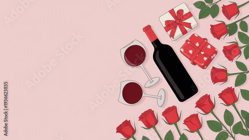 Romantic wine and roses arrangement with gift boxes on pink background for valentine's day