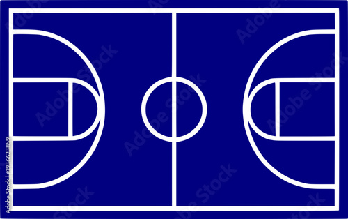 Basketball court top view diagram vector illustration. Blue monochrome layout with white lines showing the hoop zones, free throw line, and center circle. Sports tactic board.