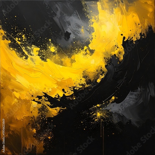 A vibrant abstract artwork featuring swirling yellow and black paint