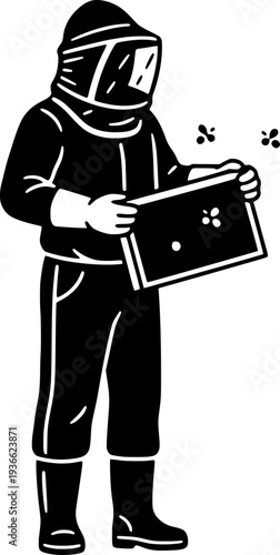Beekeeper in protective suit holding a honeycomb frame vector illustration. Monochrome line art of a person harvesting honey with bees flying around. Apiculture concept.