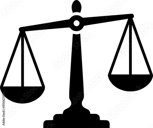 Scales of justice vector icon. Black monochrome silhouette of a balanced legal scale. Concept for law, court, equity, honesty, judgment, and legal system.